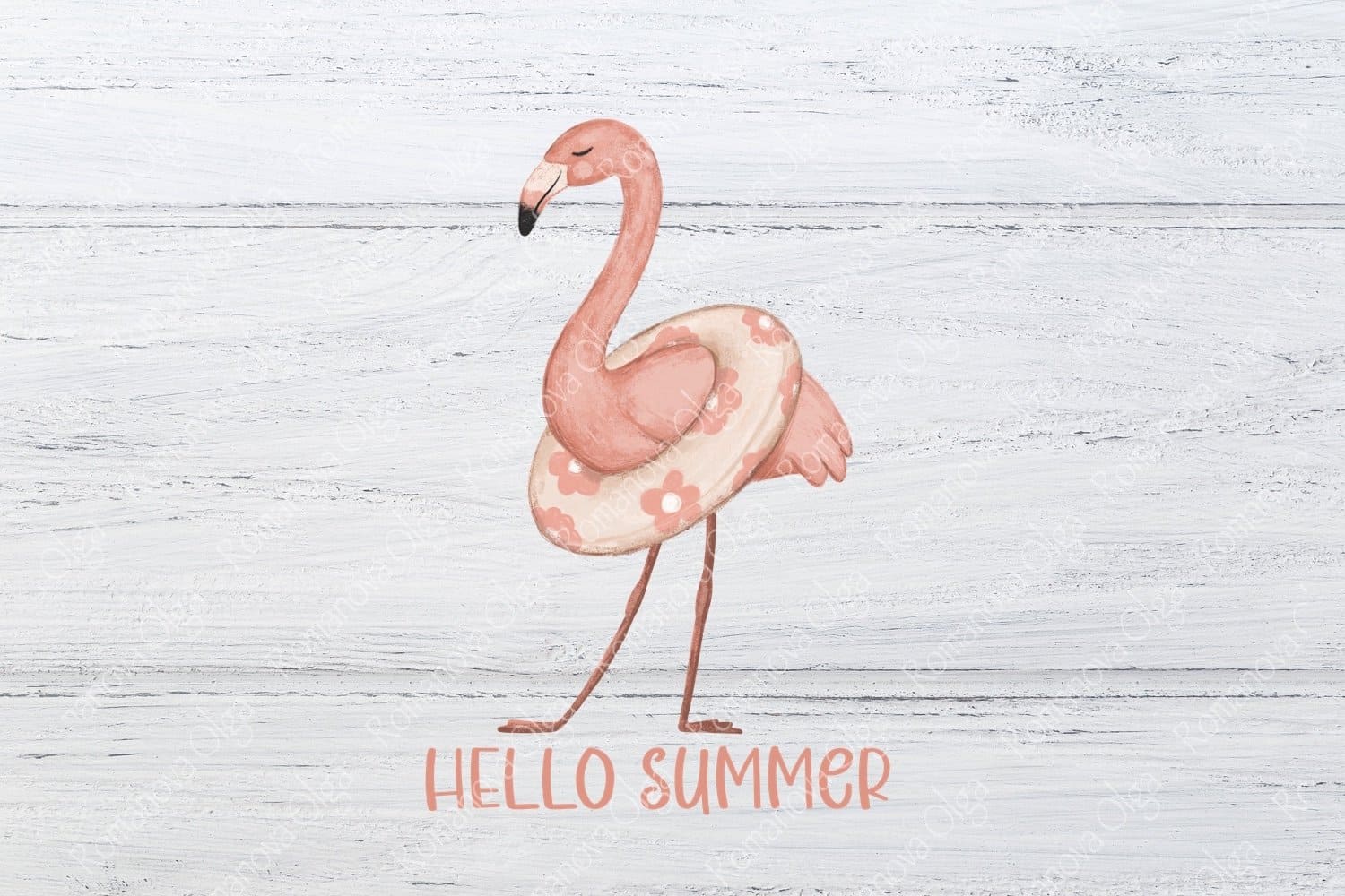 Pink flamingo with a life buoy on a white board background.