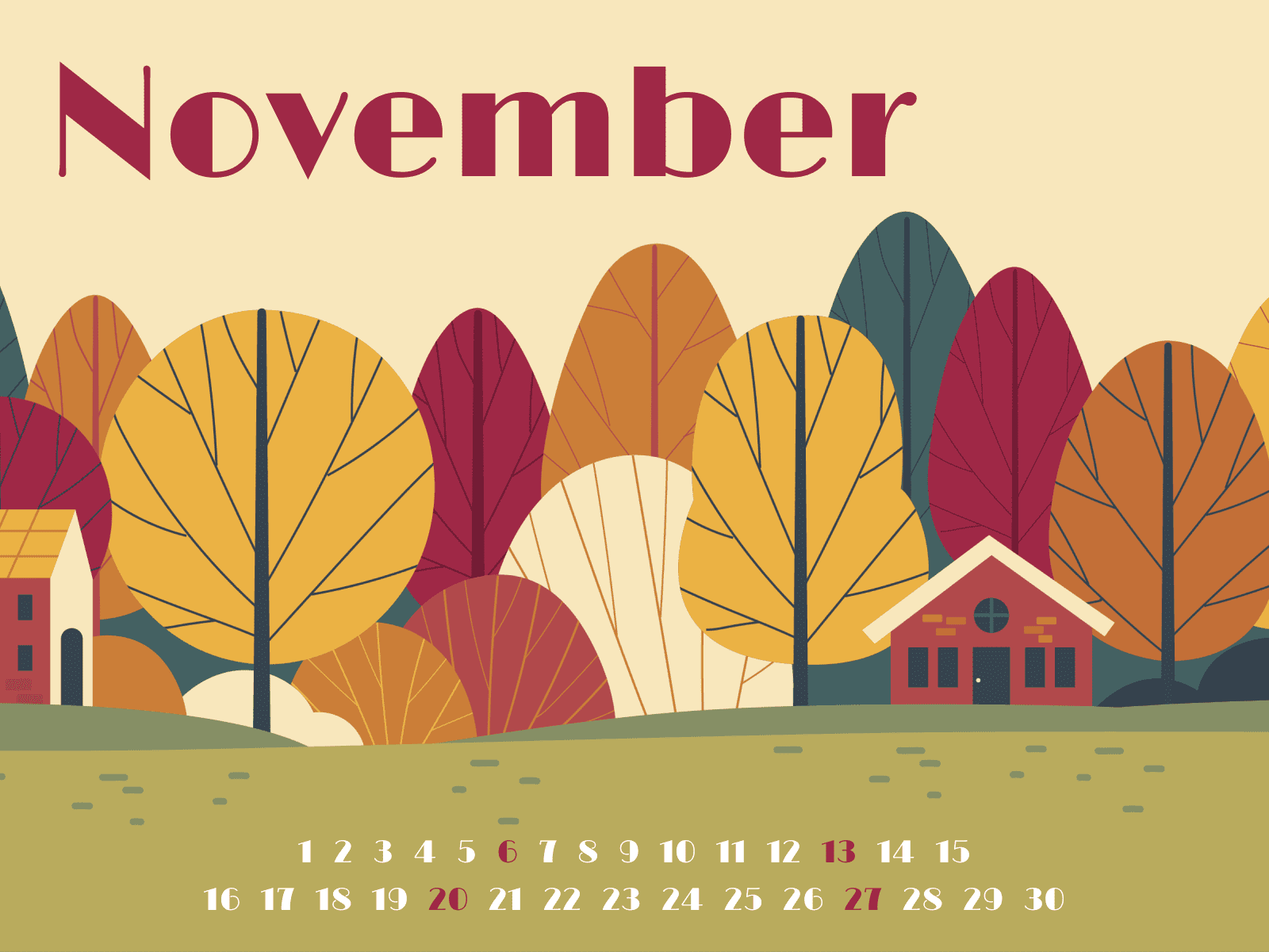 Free calendar for November with autumn forest background and month numbers at the bottom.