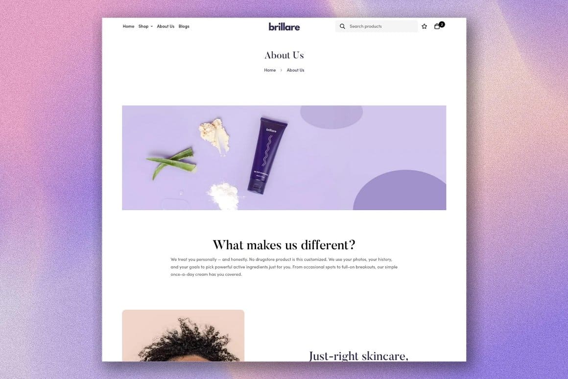 Brillare skincare shopify theme about us.