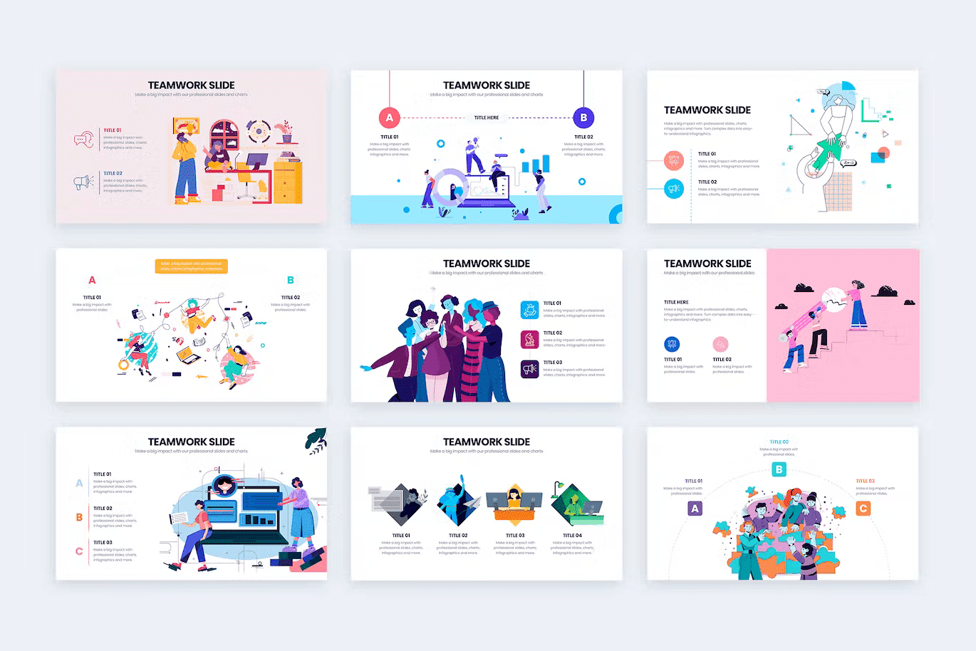 Business teamwork powerpoint infographics 9 slides in light colors.