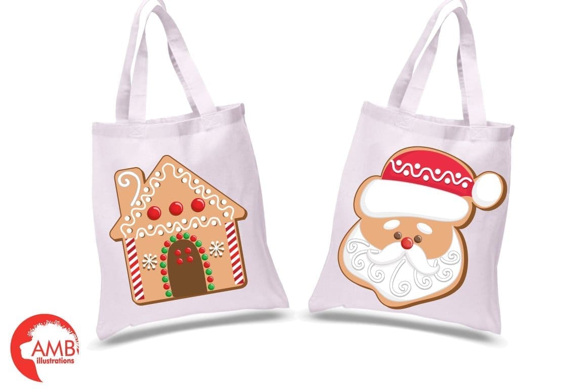 Two white bags with pictures of Christmas gingerbread.