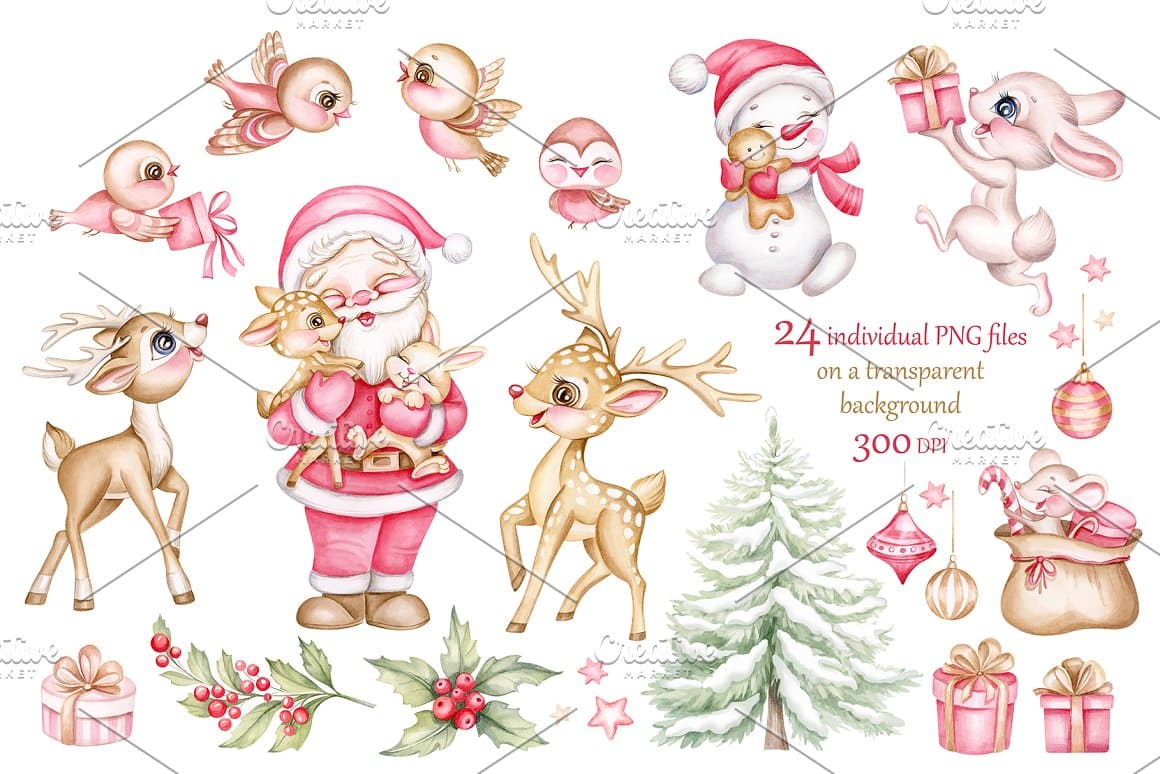 Christmas set, inscription: "24 individual PNG files on a transparent background 300 DPI".