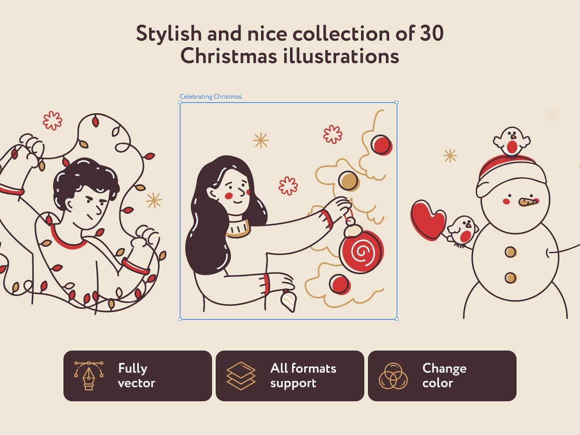 Title: Stylish and nice collection of 30 Christmas illustrations.