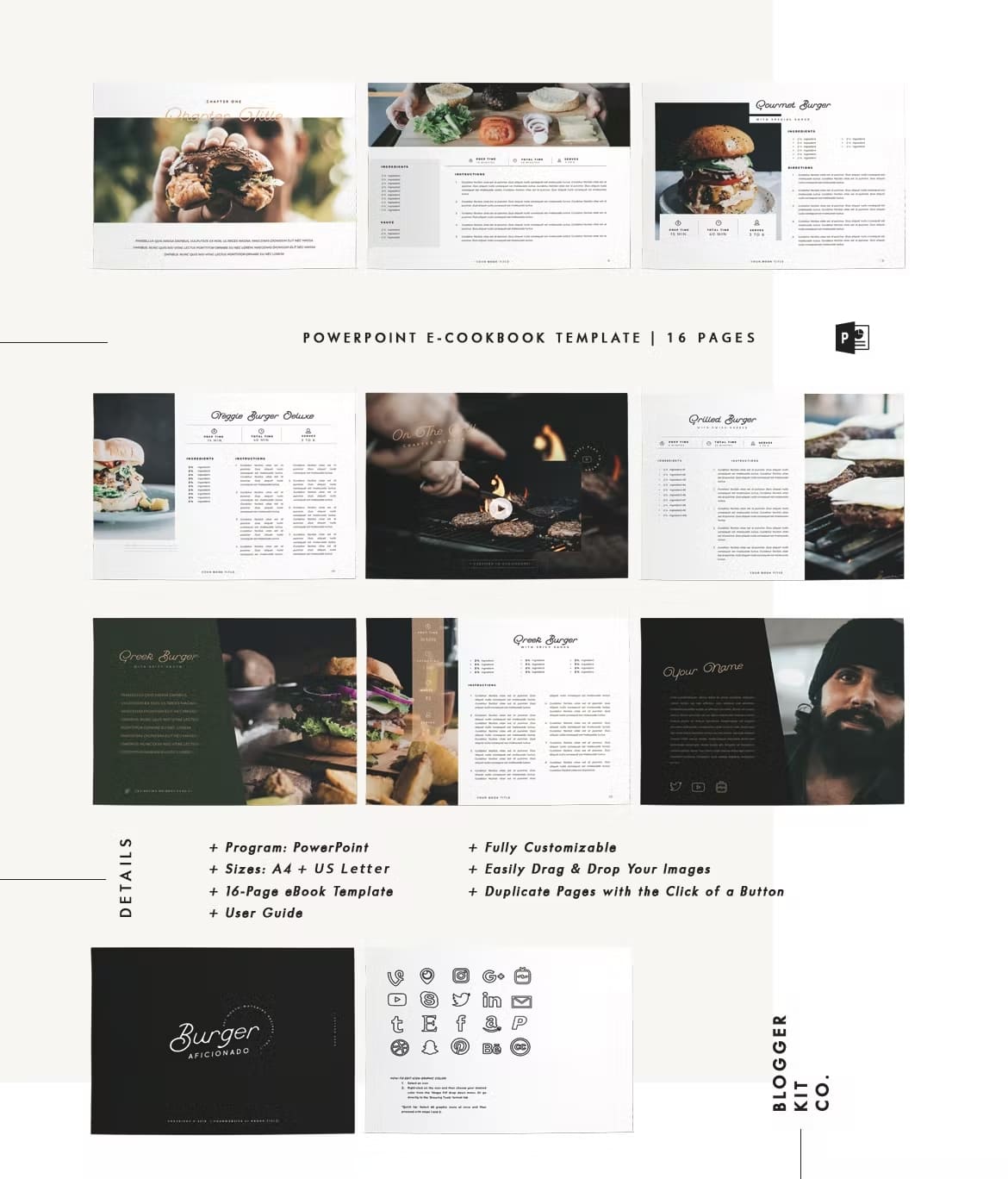 Eleven slide eBook template, 16 cookbook PowerPoint pages.
