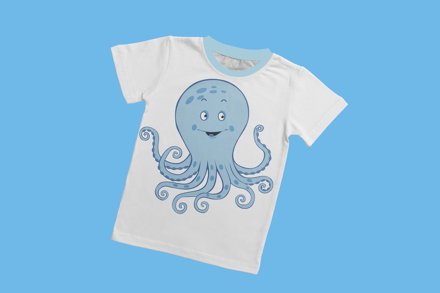 Funny white t-shirt design with a blue octopus on a blue background.
