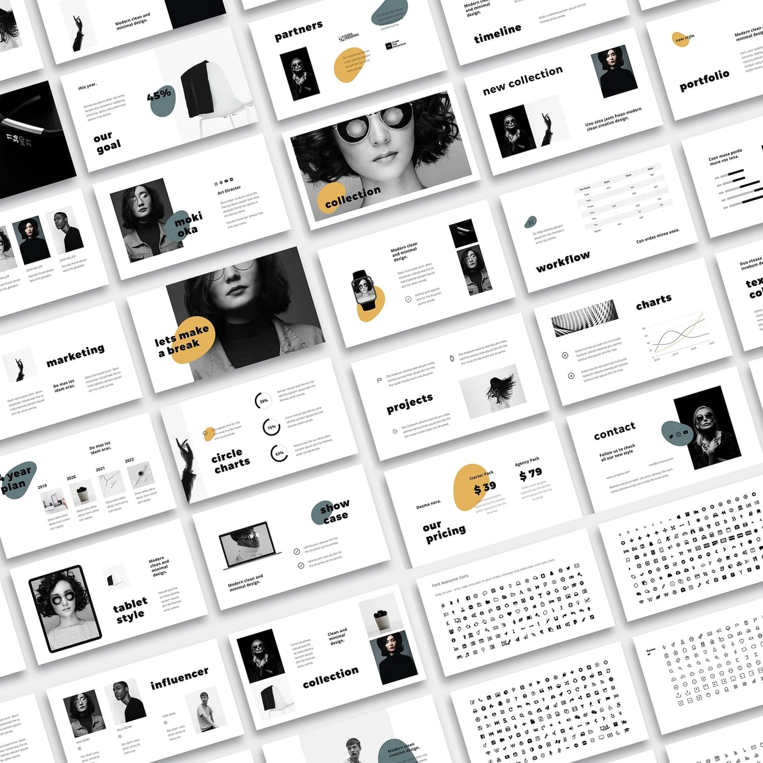 38 slides Mosy modern keynote template at an angle.