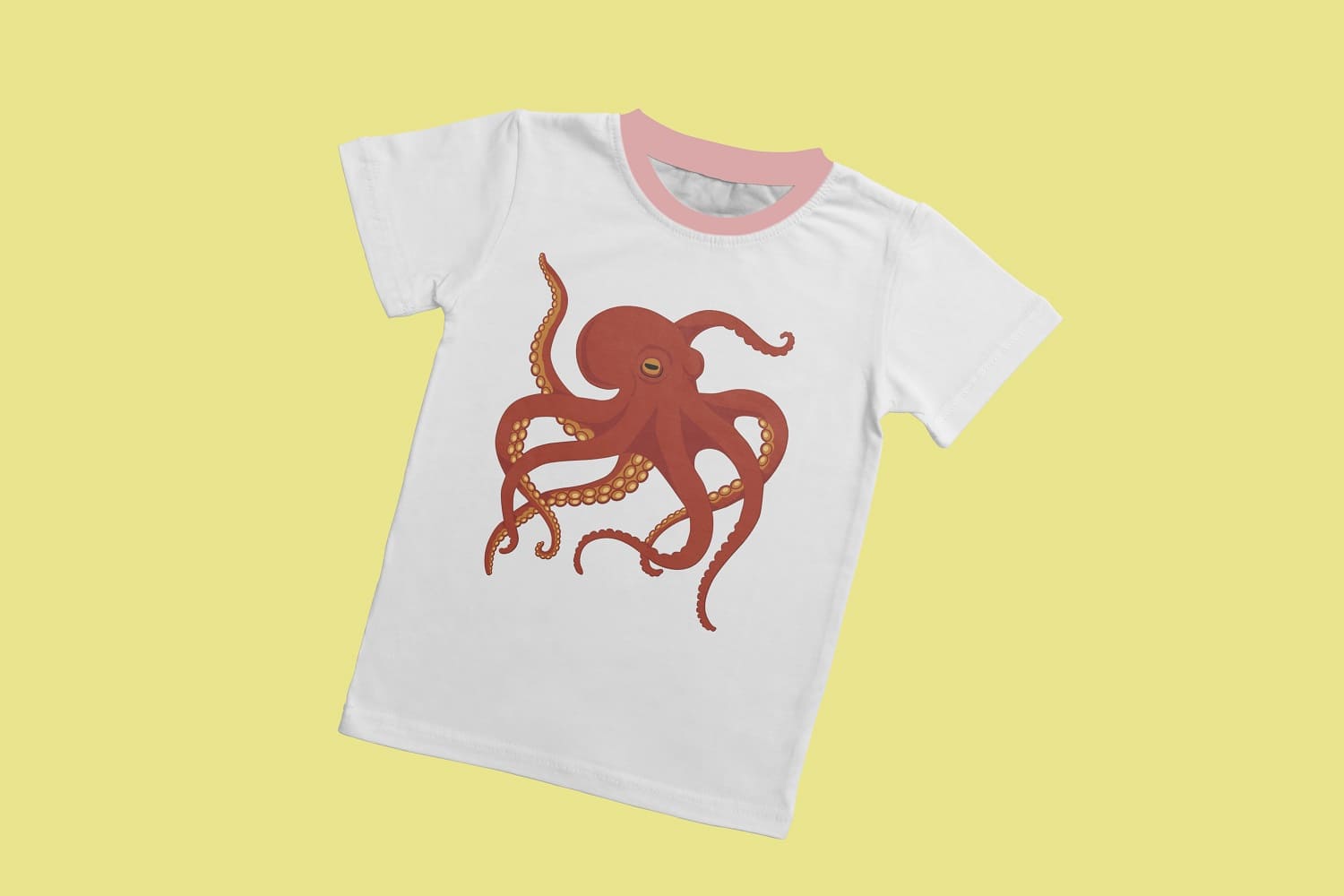 White T-shirt with a dark red octopus on a light yellow background.