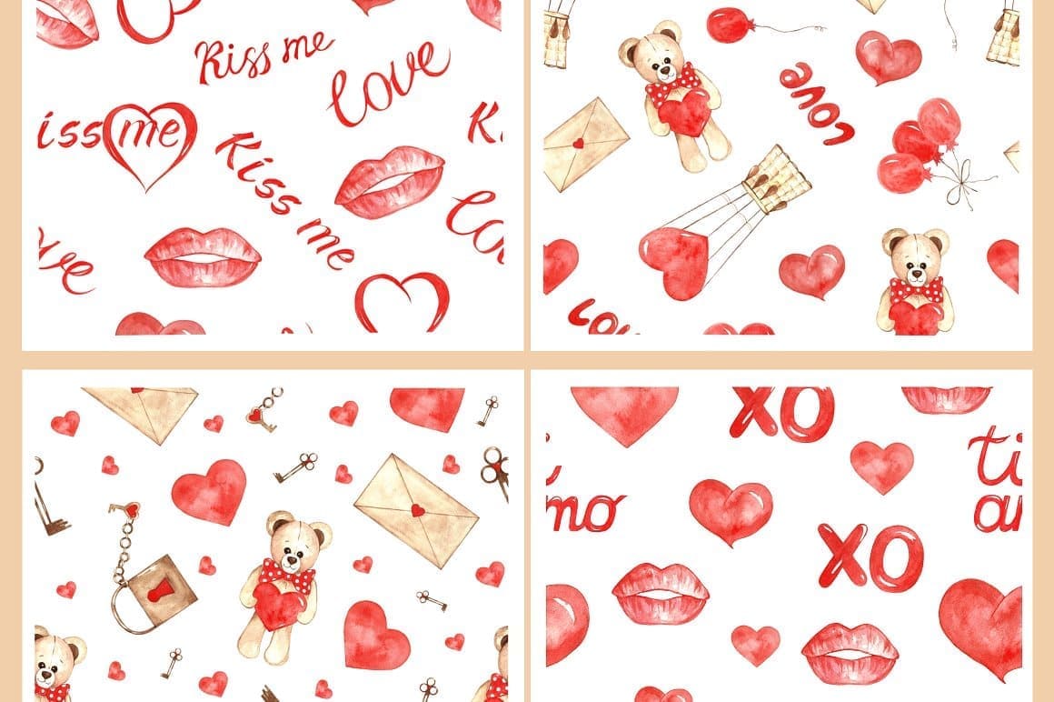Four pictures with different red watercolor seamless patterns about love.