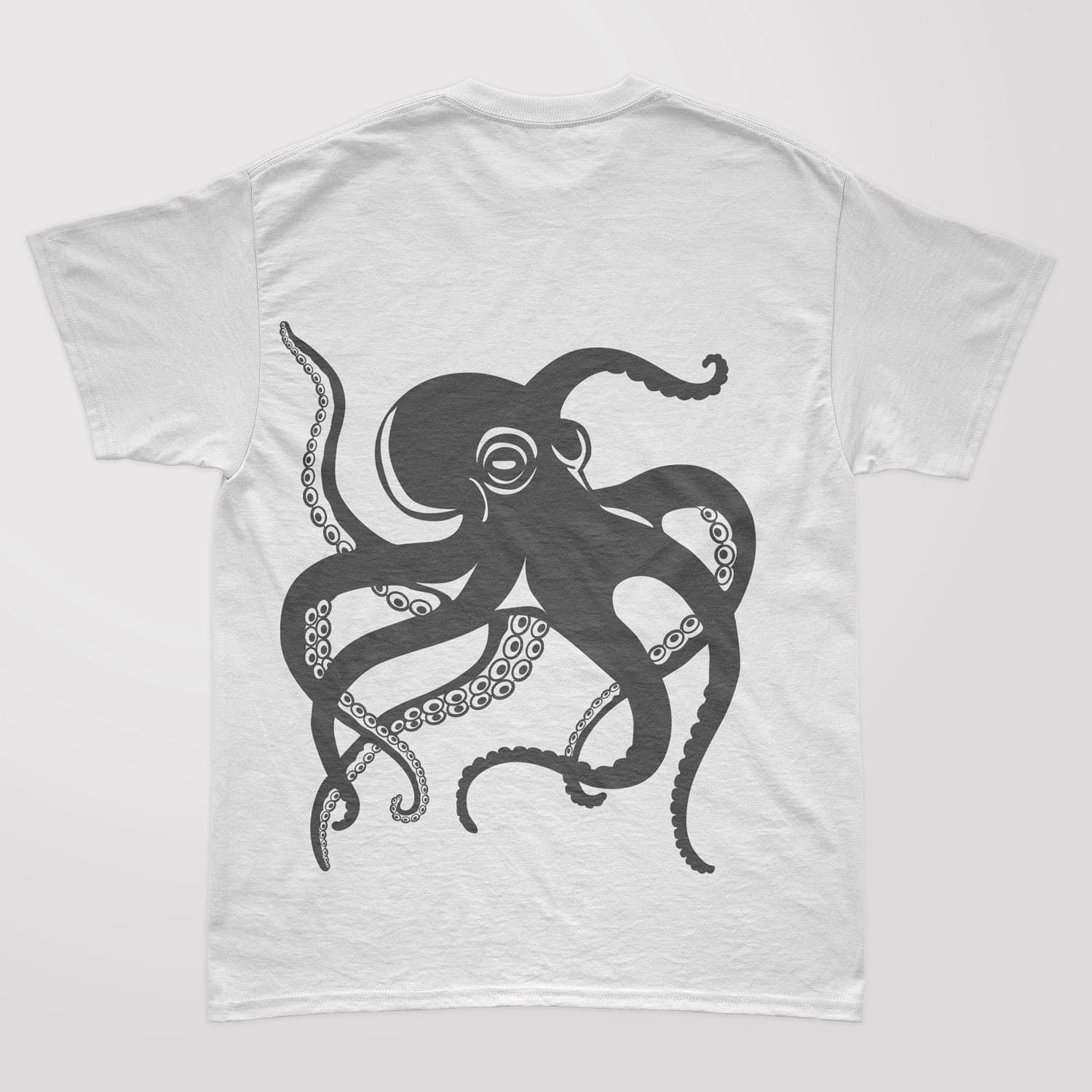 White T-shirt with a gray print of a dancing octopus silhouette.