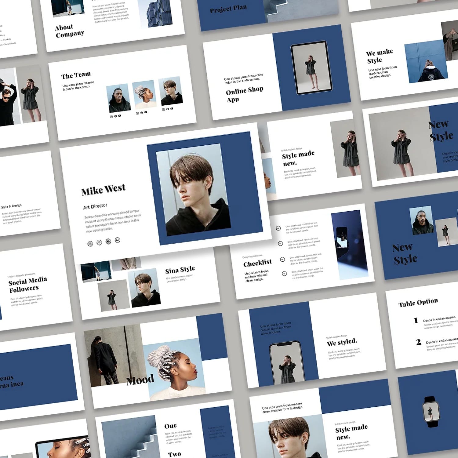 Sina Keynote Style Template Slides 1500 by 1500 pixels: About Company, Project Plan, The Team, Online Shop App.