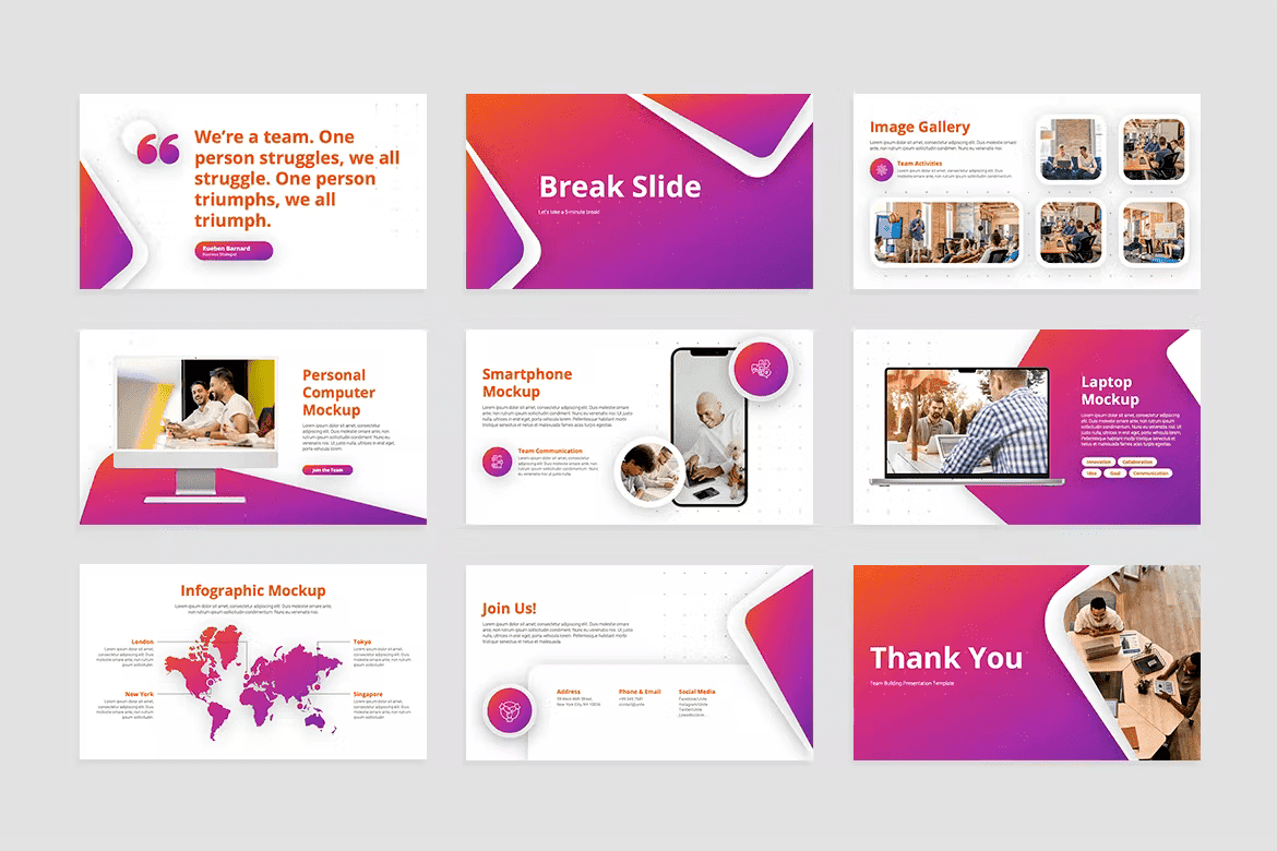 Nine Slides Team building powerpoint presentation template: Break Slides, Image Gallery, Smartphone Mockup.