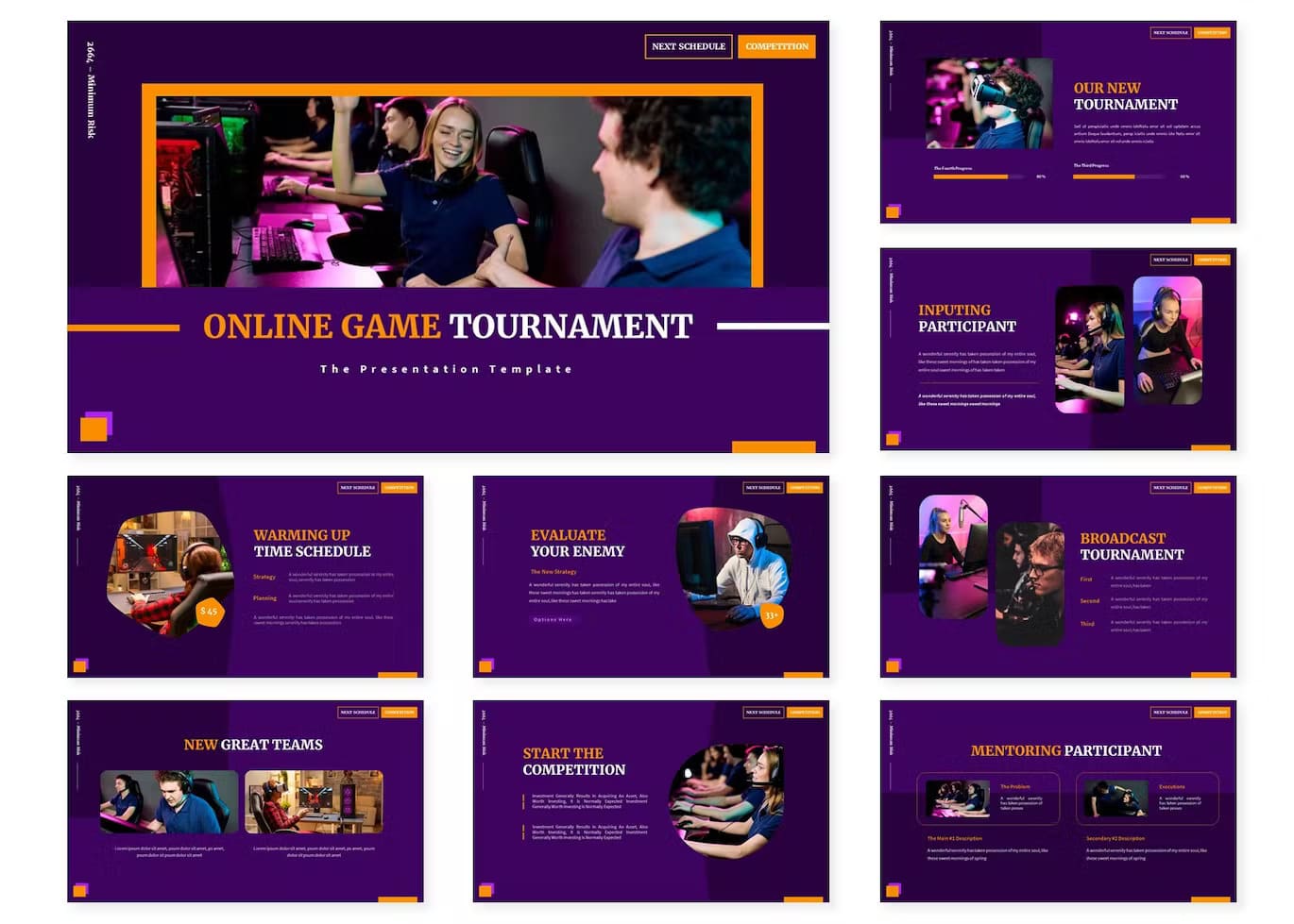 Online Game Tournament, Powerpoint Template, 9 slides: Online Game Tournament, Our new Tournament, Inputing Participant.