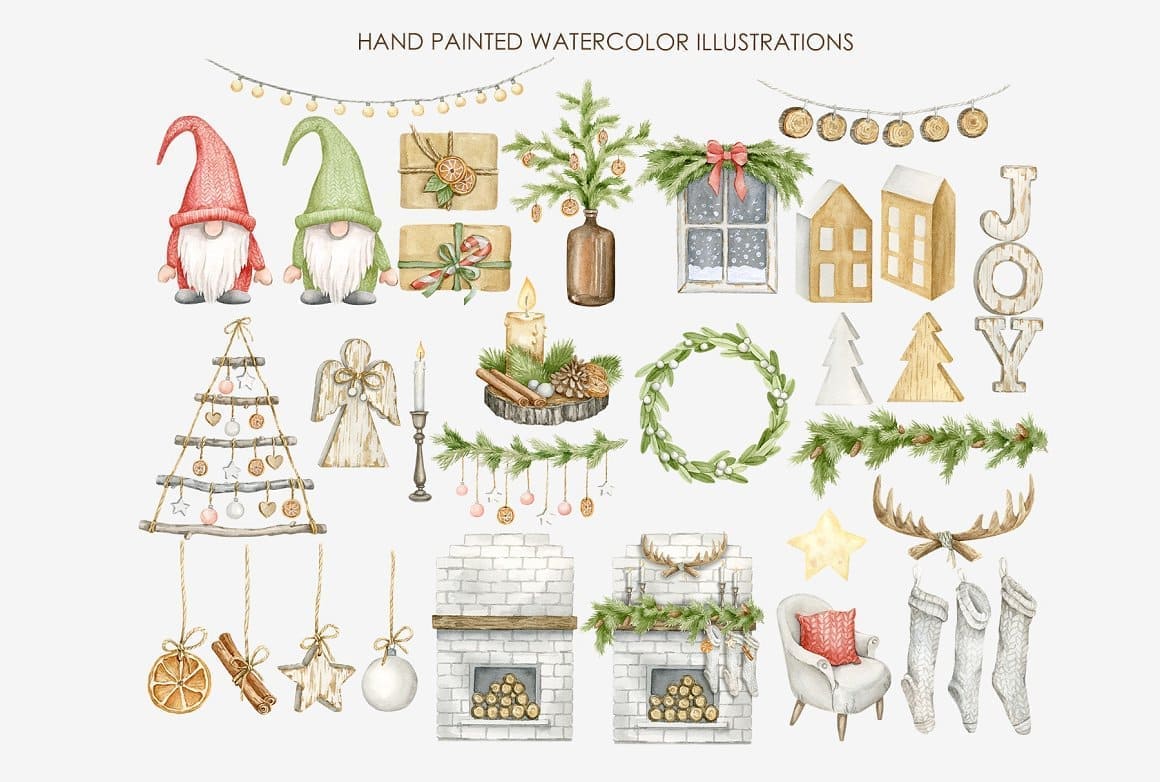Watercolor rustic Christmas clipart with lots of Christmas accessories.