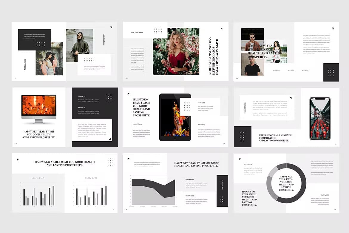 9 slides Chanie presentation template, light background.
