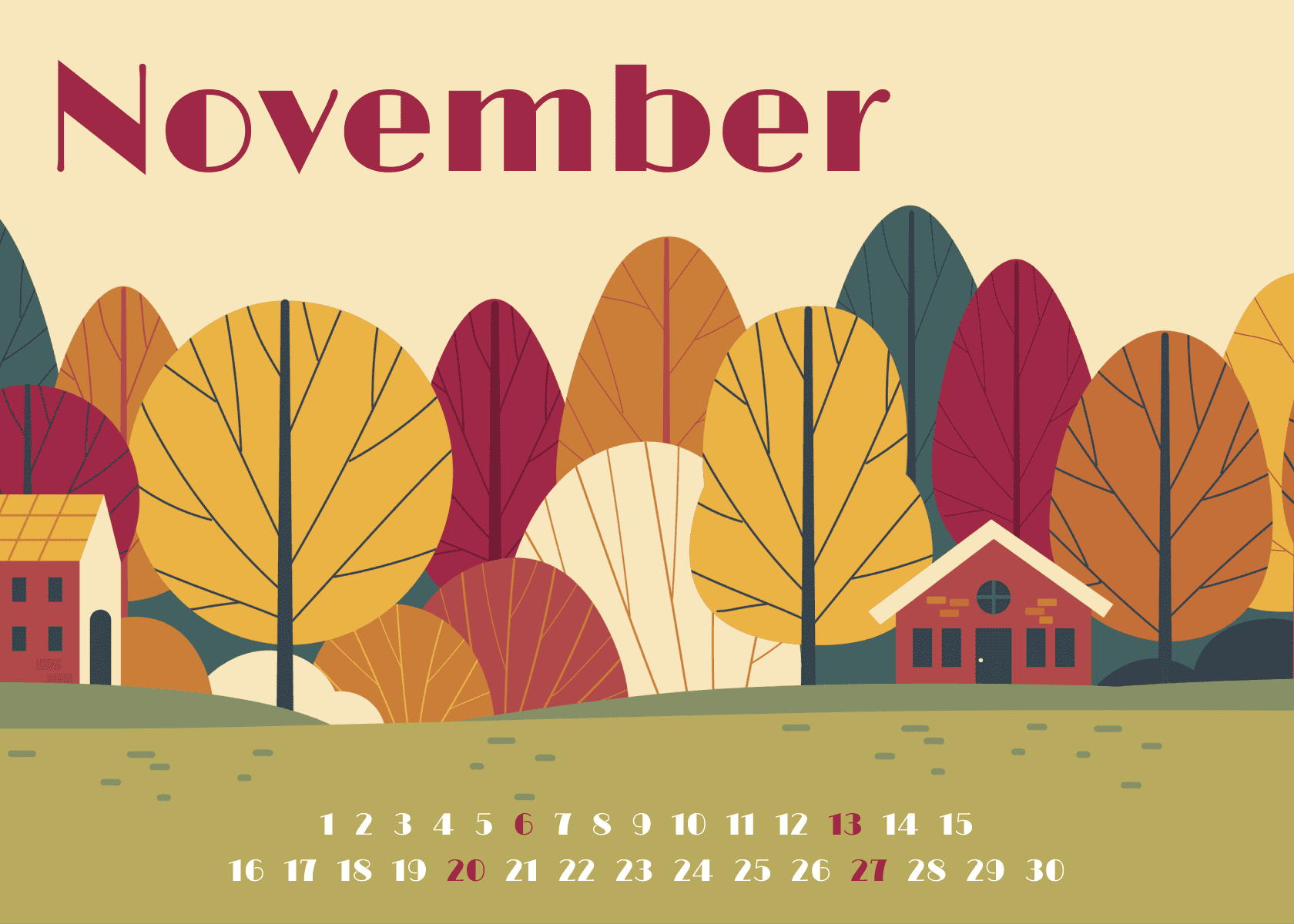 Free calendar for November with autumn forest background in red and gold colors.