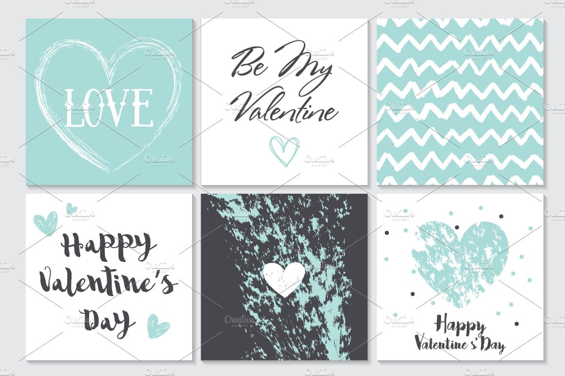Six square pictures in two rows "Be my Valentine".
