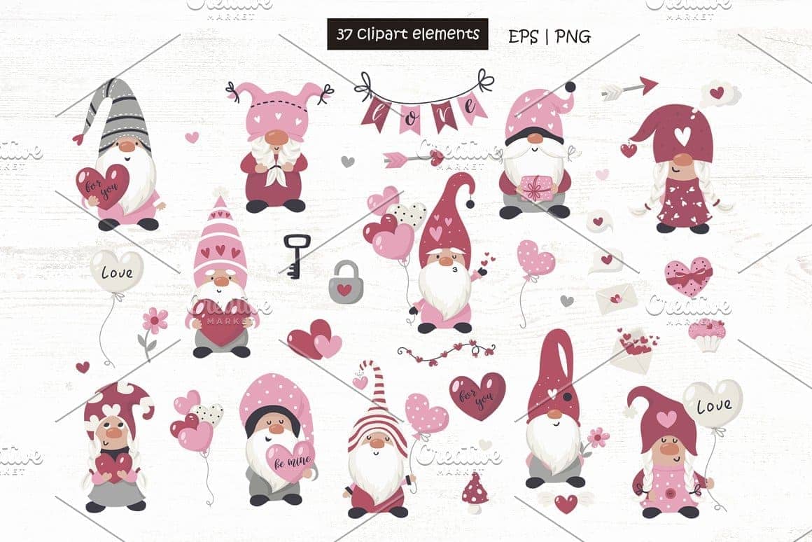 37 Valentine gnomes clipart elements.