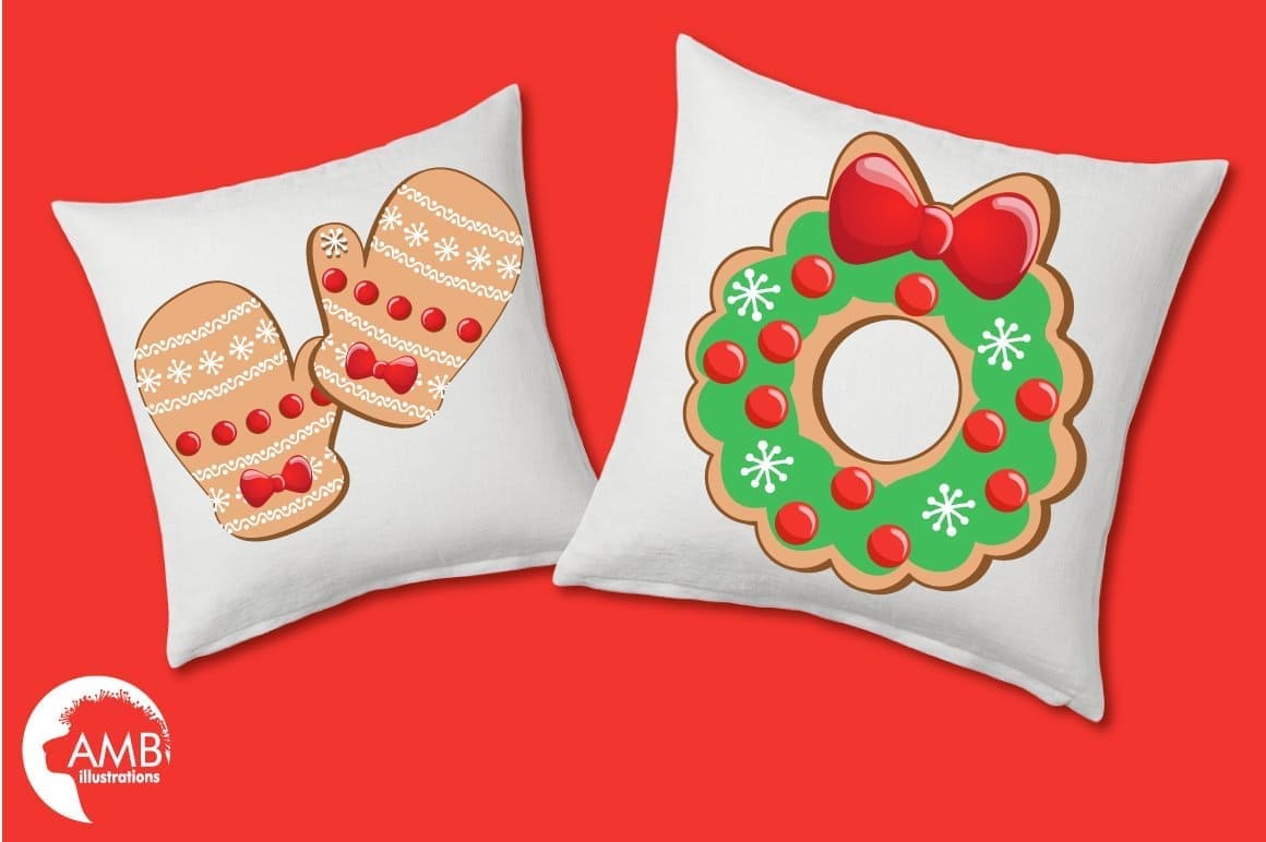 Two white pillows with pictures of Christmas gingerbread.