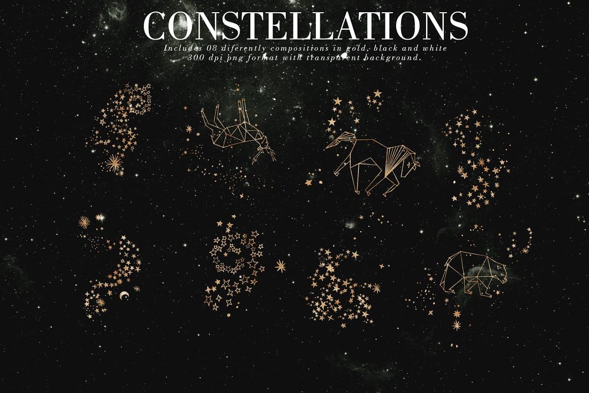 Drawings of 8 constellations on the black sky.