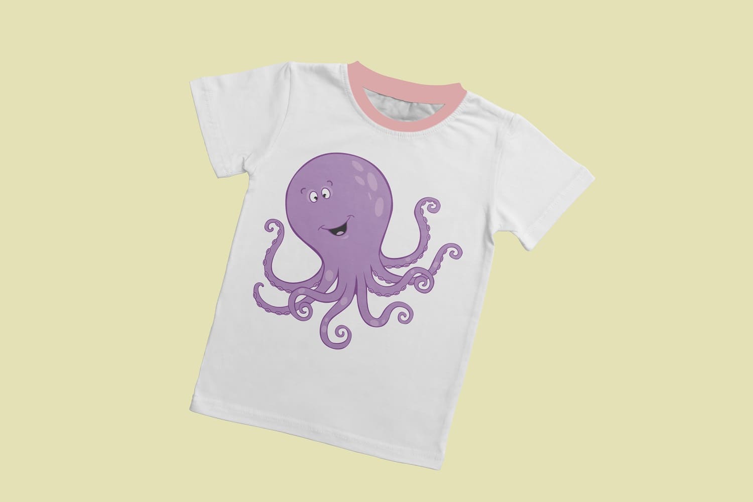 White t-shirt with a cute purple octopus.