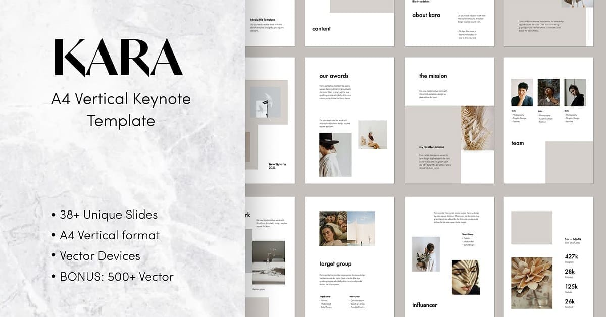 12 slides in three rows and a large title, Kara A4 vertical keynote template.