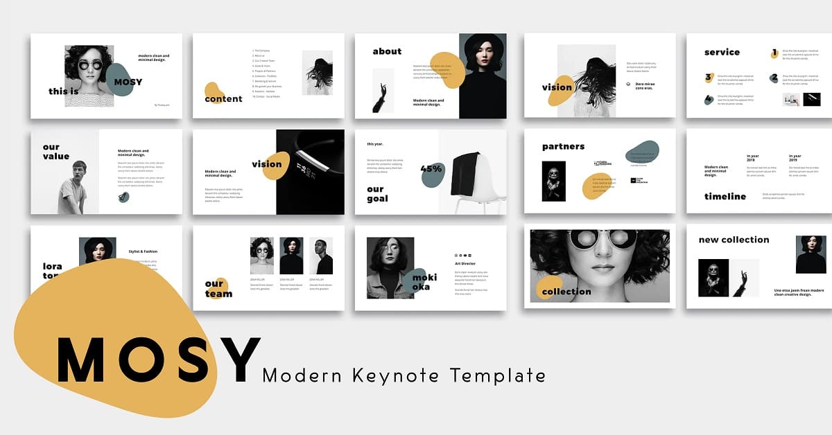 15 slides Mosy modern keynote template, wide picture.