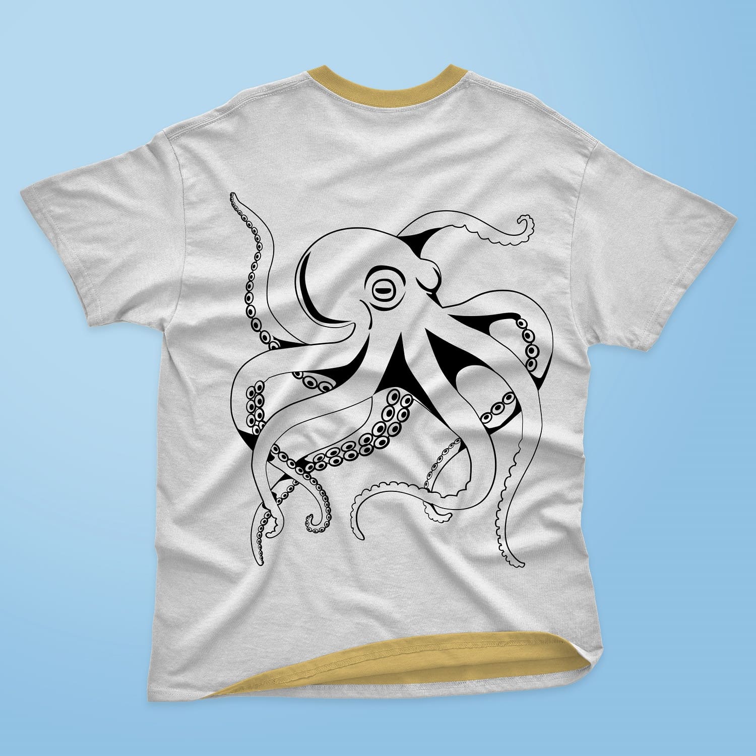 White T-shirt with a picture of a thick transparent octopus waving its tentacles.