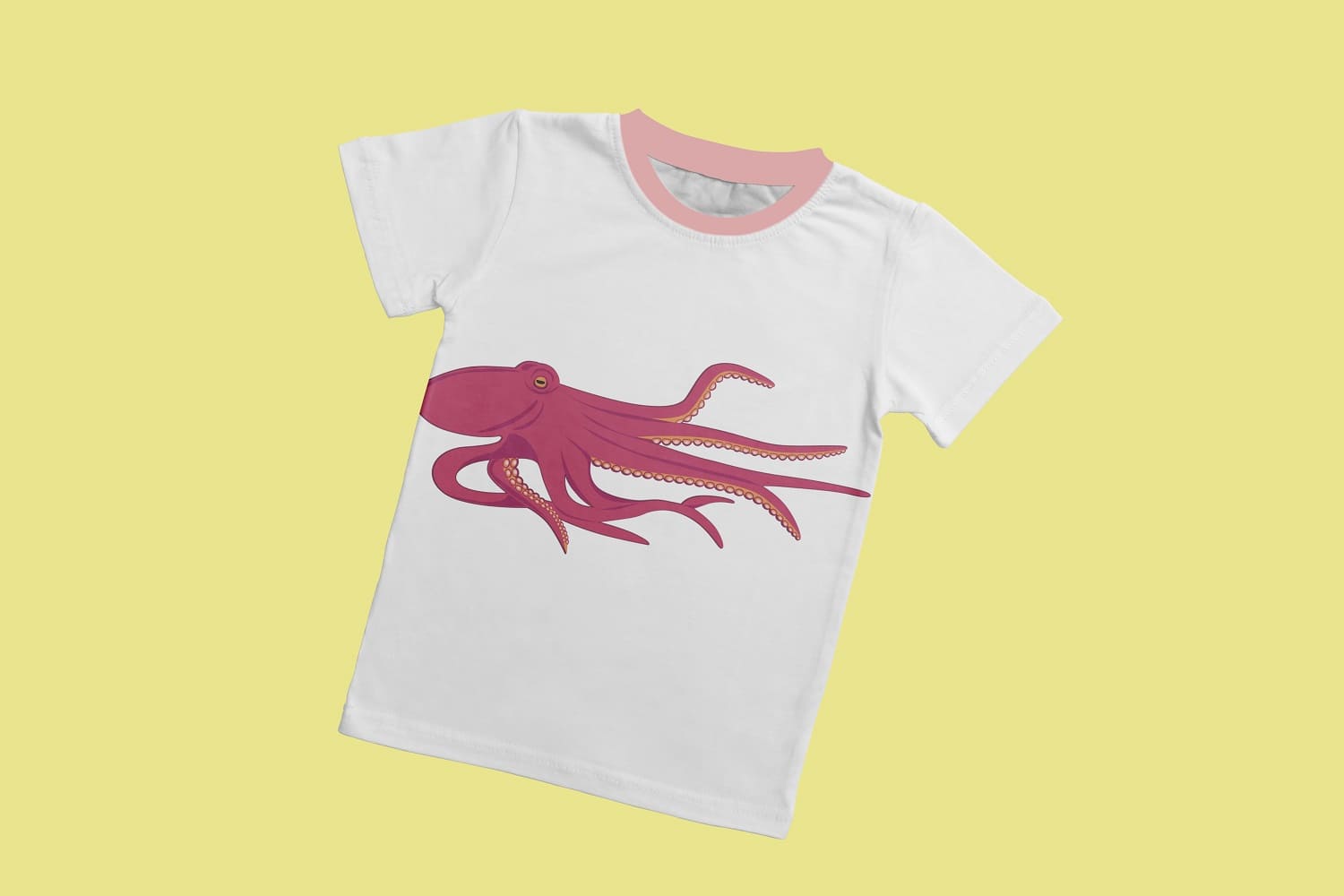 White T-shirt with a picture of a pink octopus on a yellow background.