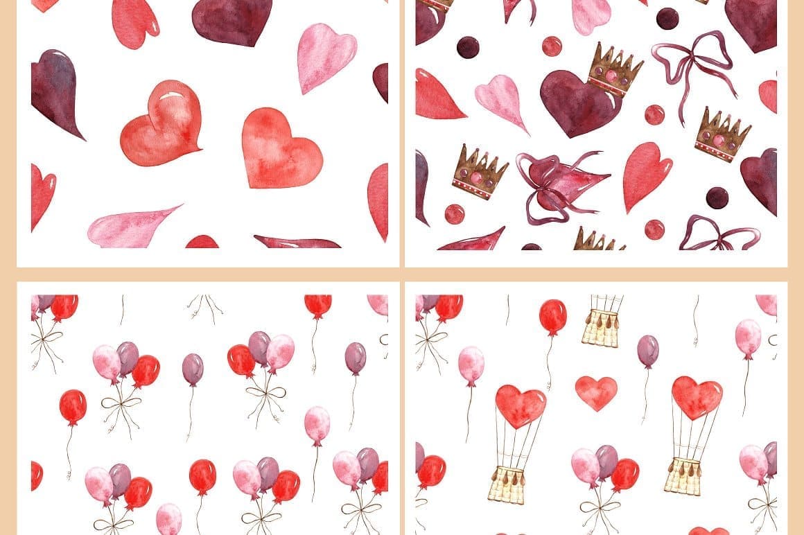 Red hearts with crowns and balls with baskets watercolor seamless pattern.