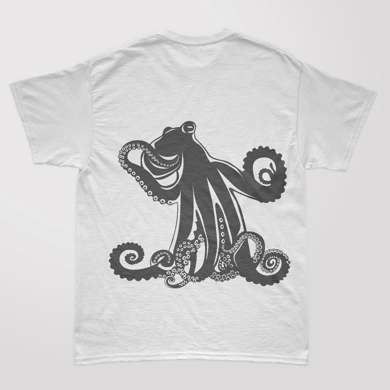 White T-shirt with a gray print of a standing octopus silhouette.