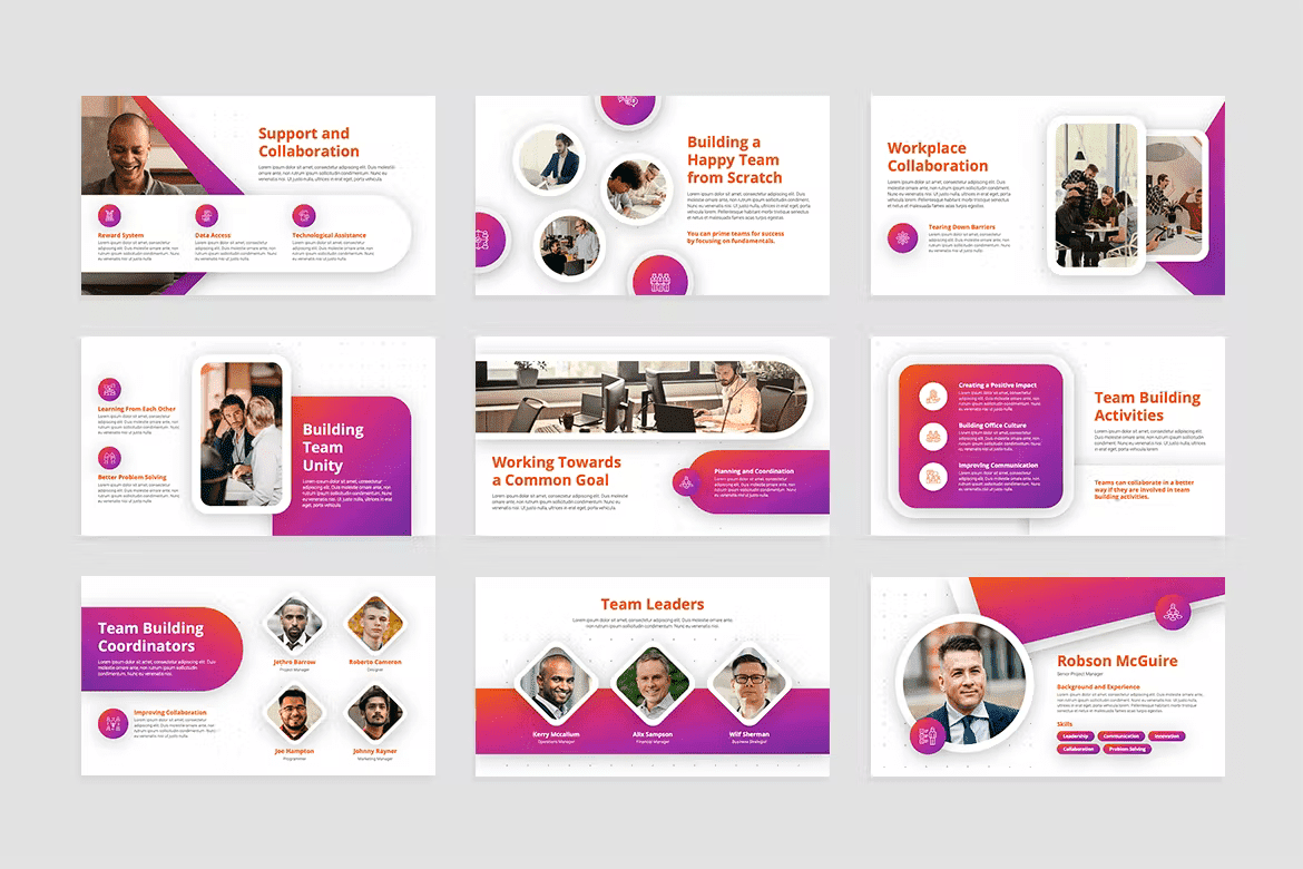 Team building powerpoint presentation template, Slides: Support and Collaboration, Building a Happy Team from Scratch, Workplace Collaboration.