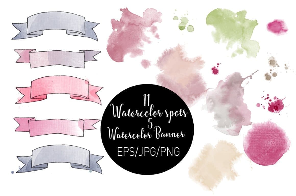 Black logo with white lettering: "11 Watercolor sport, 5 Watercolor Banner, EPS/JPG/PNG".