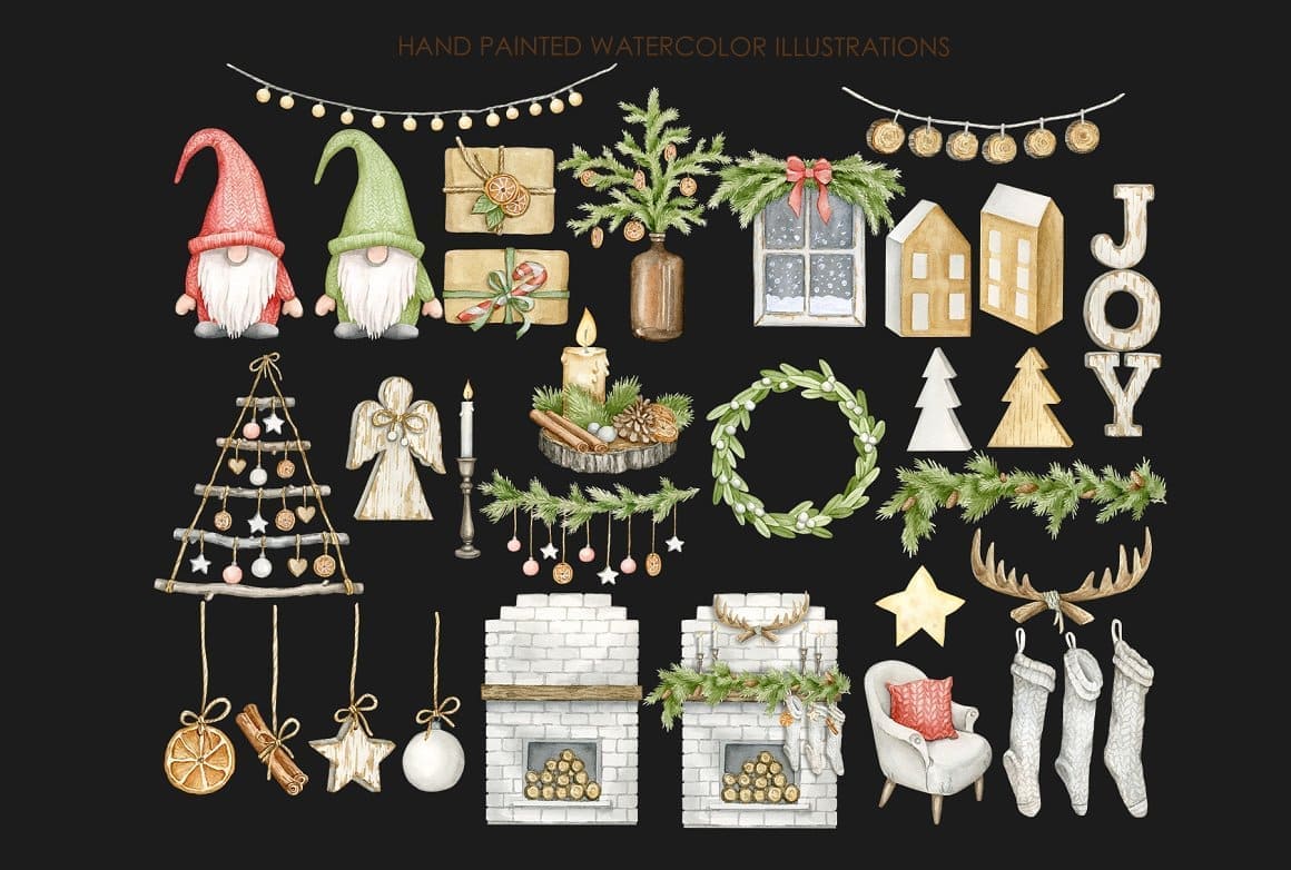 Watercolor rustic Christmas clipart with lots of Christmas accessories on a black background.