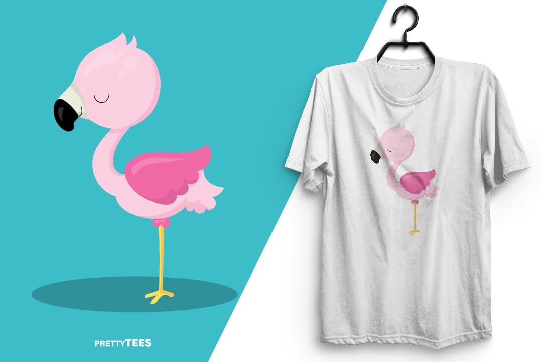 Light gray flamingo t-shirt, flamingo design sublimation t-shirt, picture with turquoise and white background.