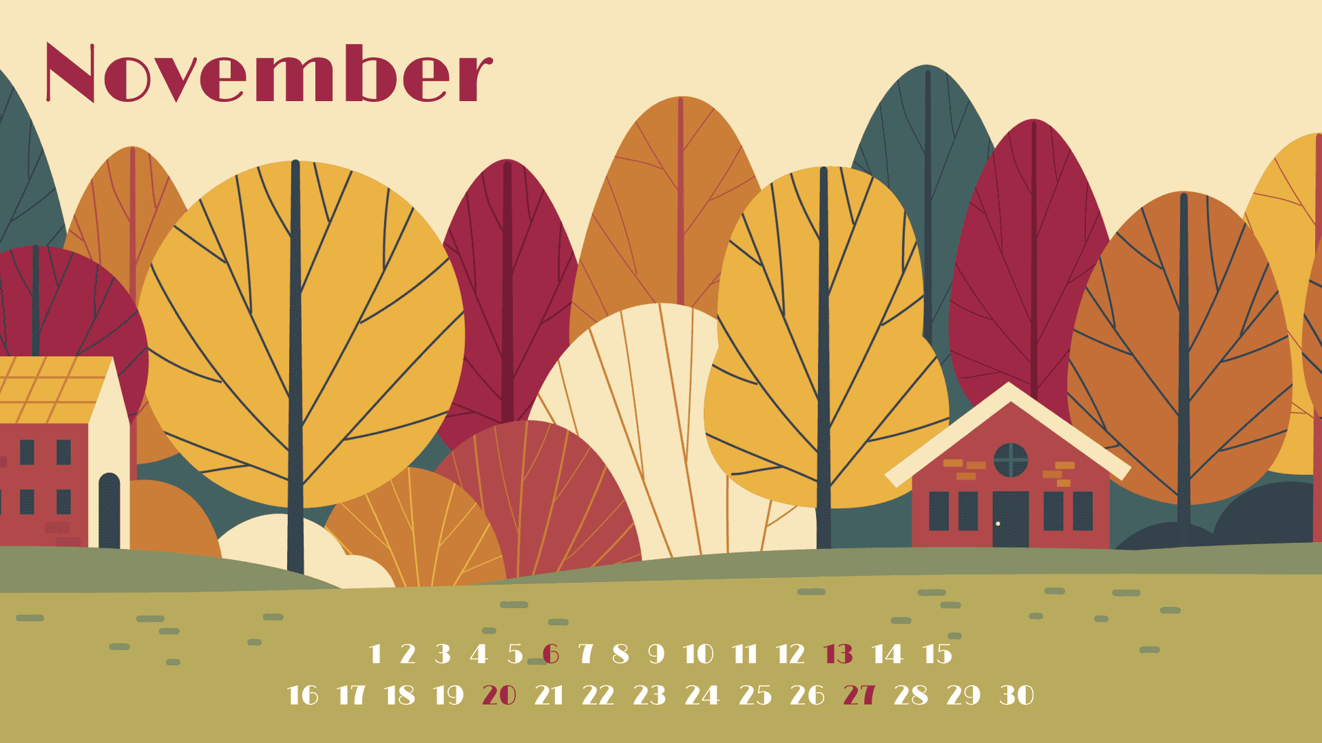 Free calendar for November in red and gold colors.