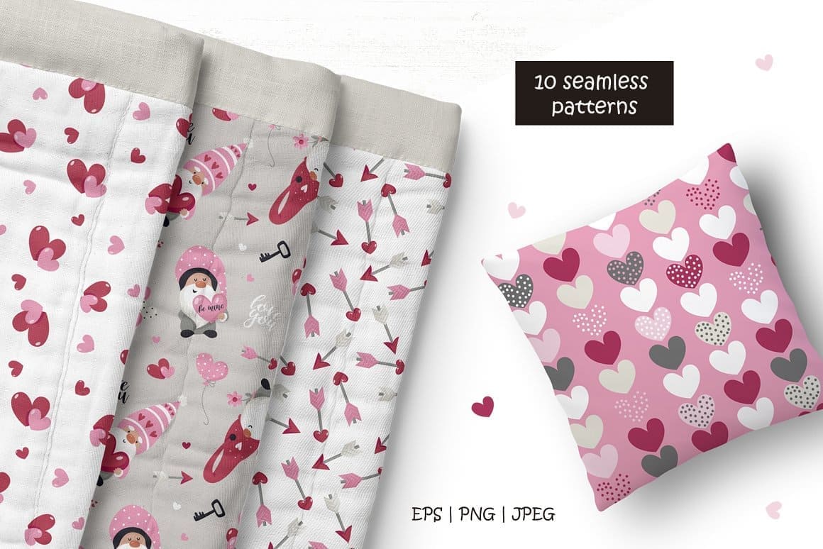 Bed linen with Valentine's gnomes and the inscription: "10 Seamless patterns, EPS, PNG, JPEG".