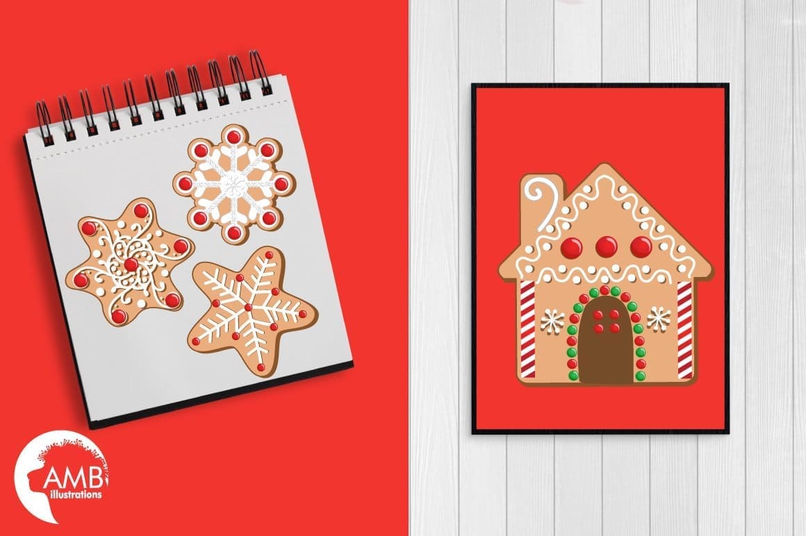 Images of Christmas gingerbread on a white notebook and a red postcard.