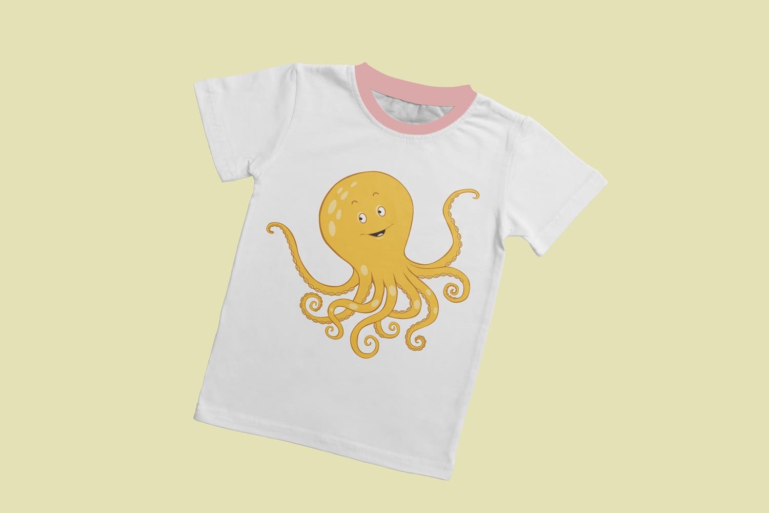 White t-shirt with a cute yellow octopus.