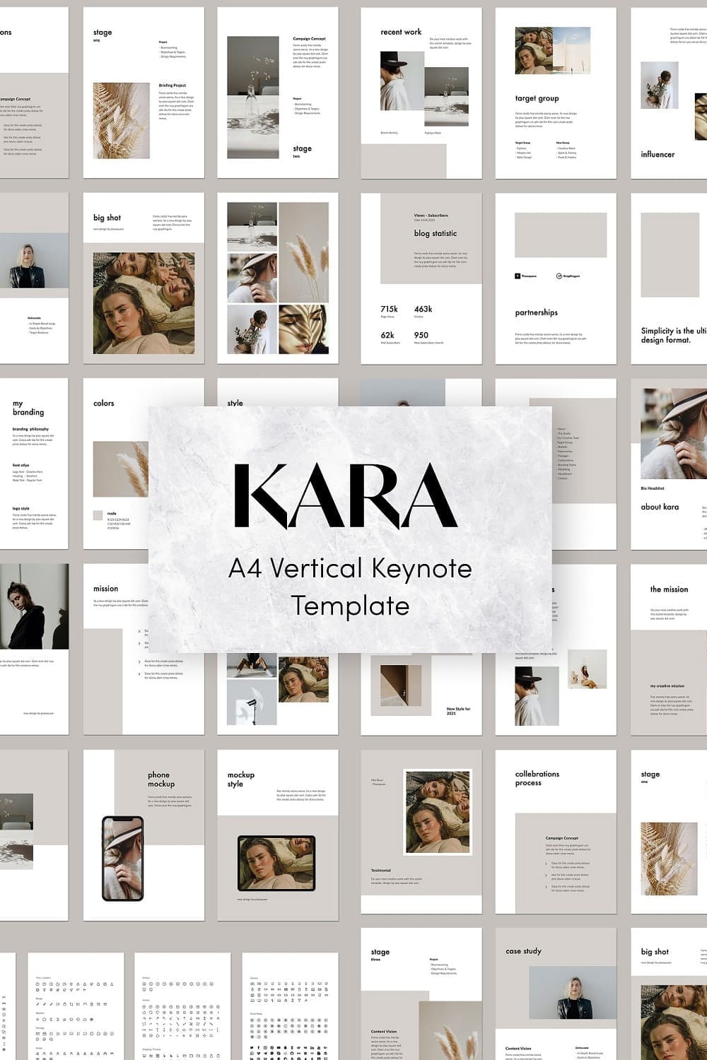 36 slides in six rows and a logo in the center, Kara A4 vertical keynote template.