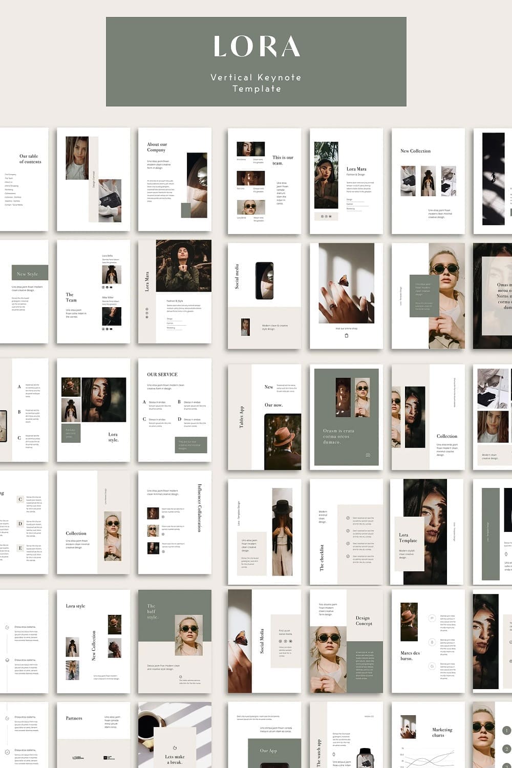 Lora vertical keynote template Pinterest, 42 slides.