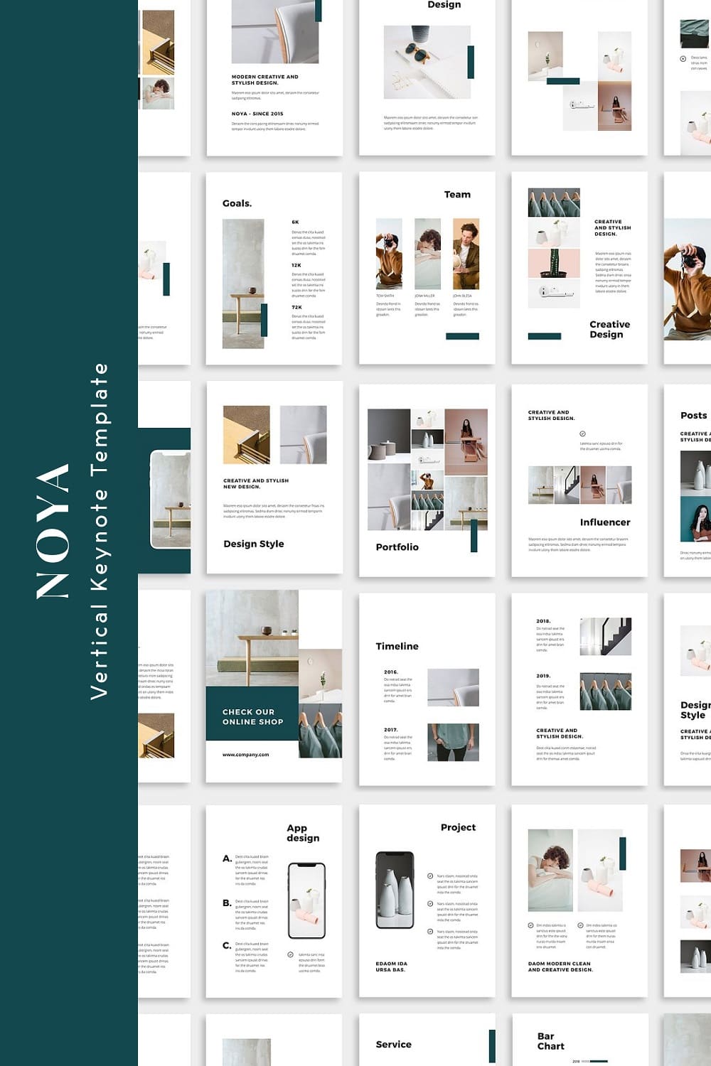 20 Keynote Noya vertical template slides and header on green background.