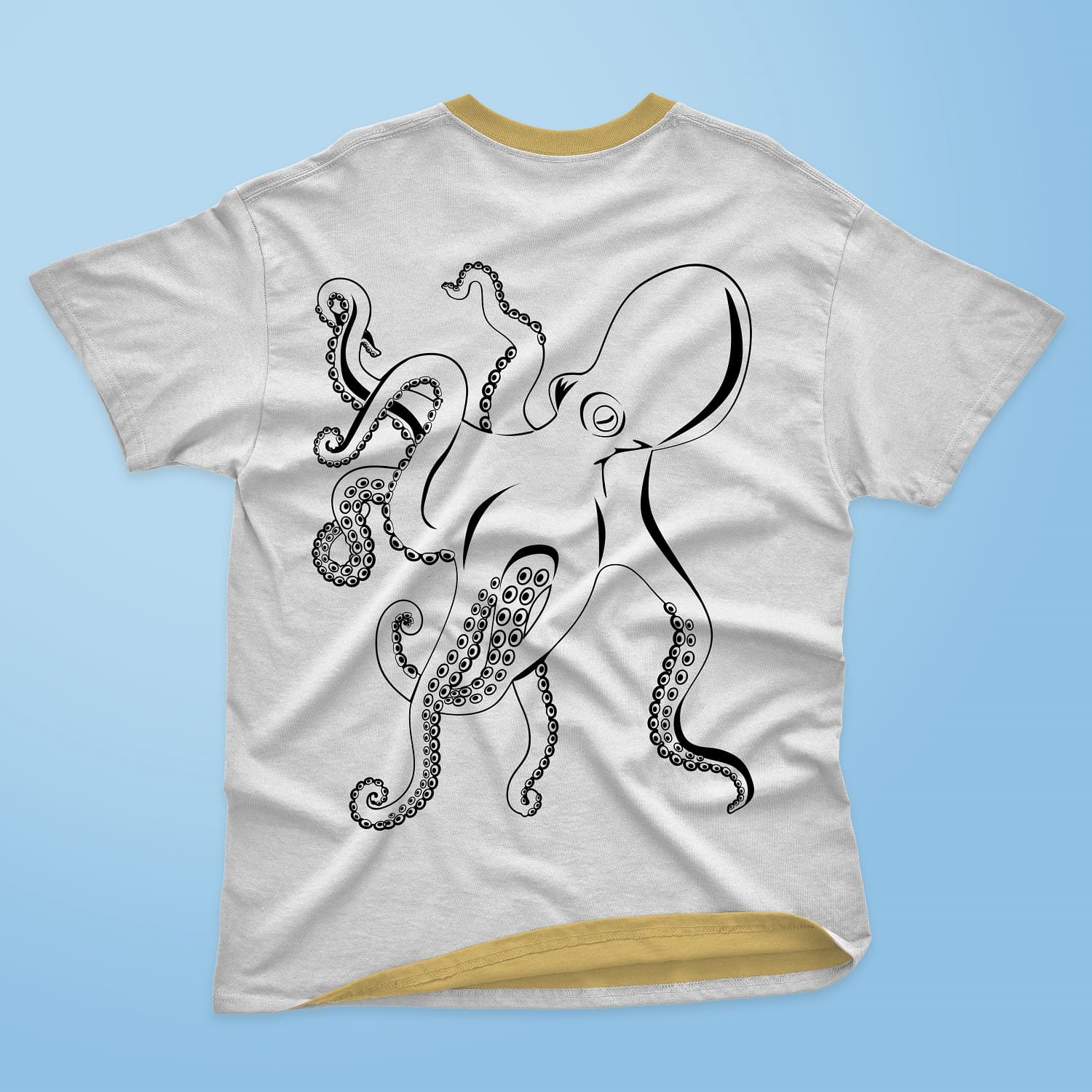 White T-shirt with an image of a transparent octopus with an oblong head.