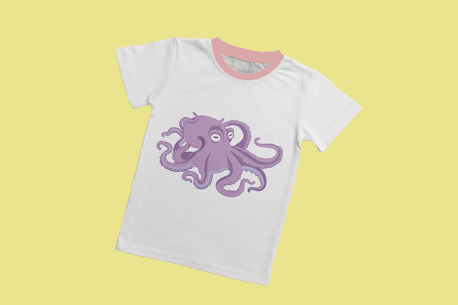 White t-shirt with a purple octopus on a yellow background.