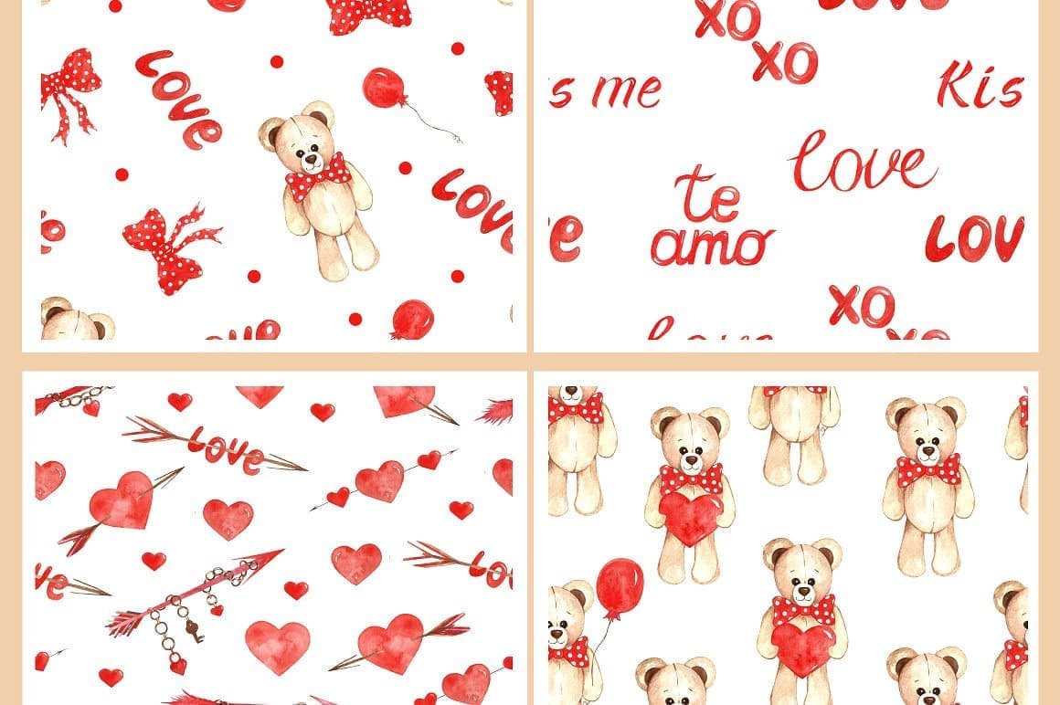 Red lettering Love, butterfly, teddy bear, hearts with arrow watercolor seamless pattern.