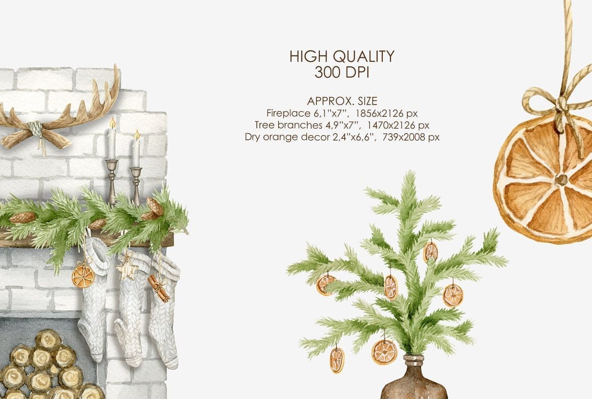 Watercolor rustic Christmas clipart with "High Quality 300 DPI" lettering.