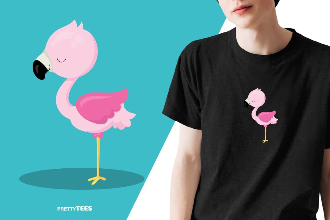 Black t-shirt with flamingo on the guy, flamingo design sublimation t-shirt, picture with turquoise and white background.