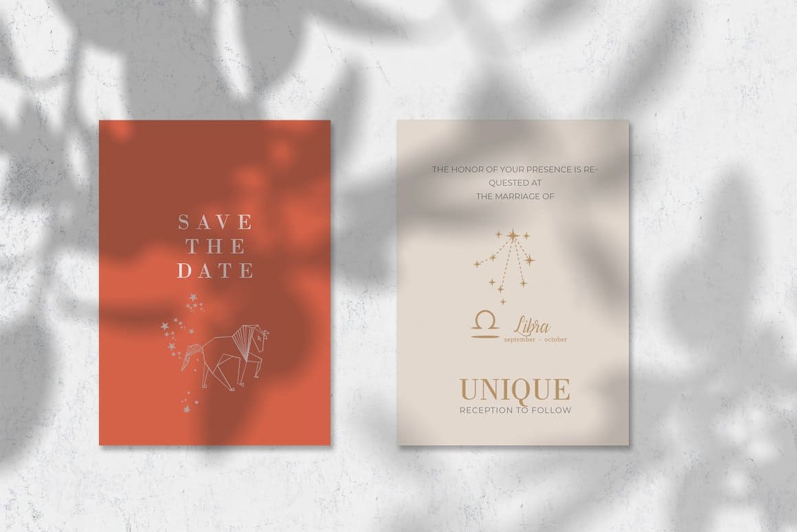 Two postcards with constellations in red and beige with the inscriptions: Save the Date, Unique Reception to Follow.