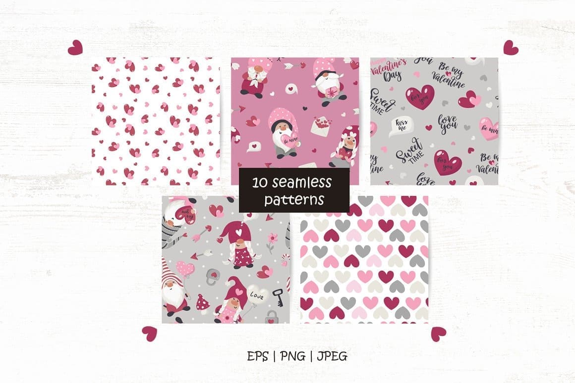 Five patterns with Valentine's gnomes.