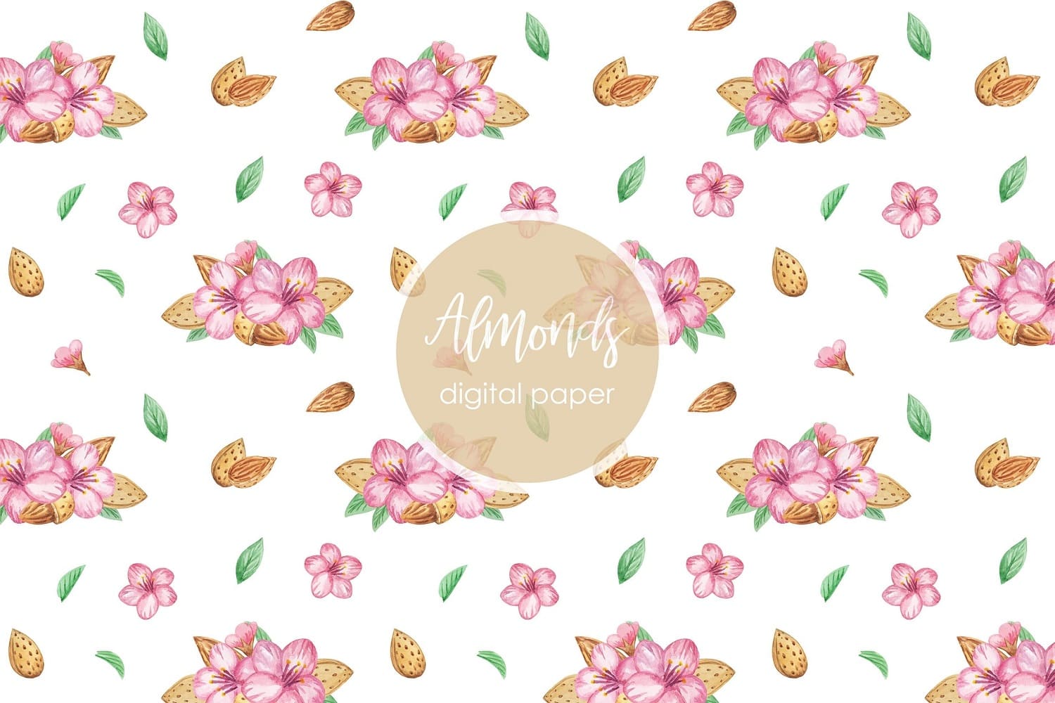 White wrapping paper with almond flowers, nuts and round logo.