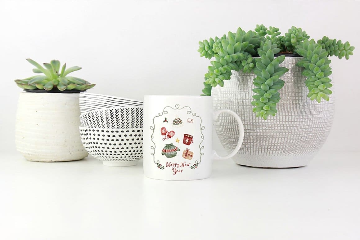 Crockery and other utensils in white color in a Christmas theme.